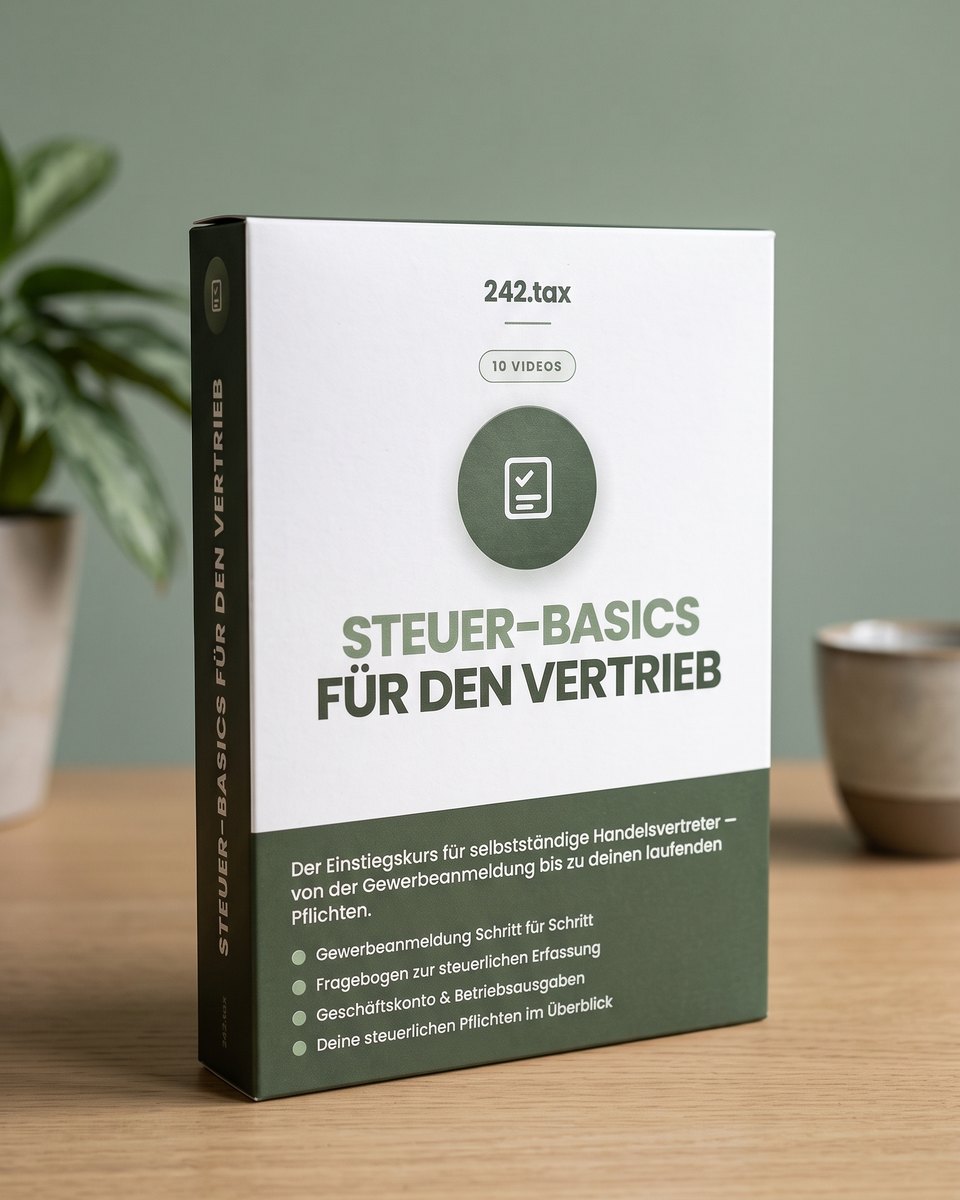 Kursbox „Steuer-Basics für den Vertrieb“ der 242.tax GmbH auf einem Holztisch