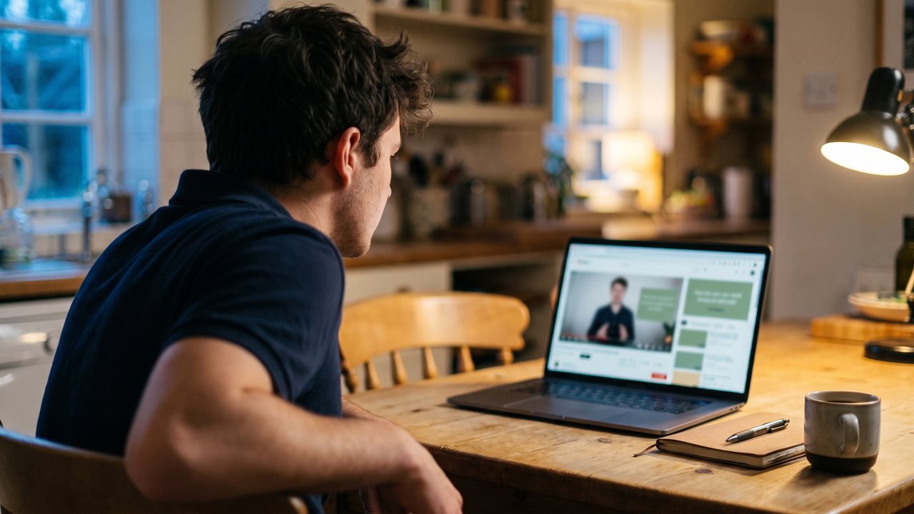 Vertriebler schaut abends am Küchentisch einen Videokurs auf dem Laptop