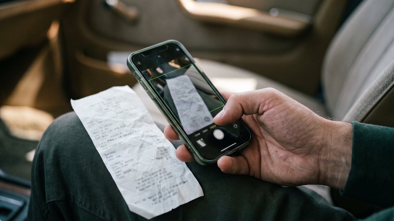 Hand fotografiert mit dem Smartphone einen Tankbeleg im Auto