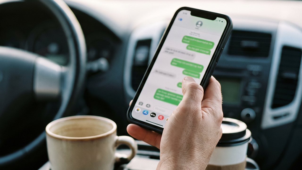 Hand mit Smartphone im Auto, kurze Nachricht im Chat