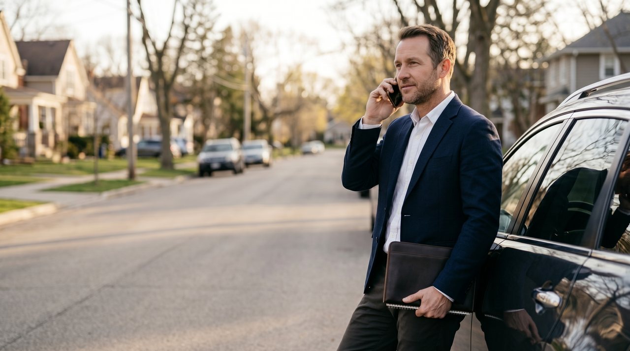 Vertriebsberater telefoniert entspannt an sein Auto gelehnt zwischen zwei Terminen