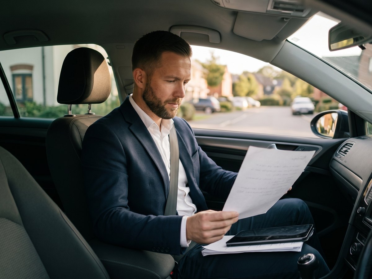 Vertriebsberater im Auto zwischen zwei Kundenterminen, liest ein Schreiben